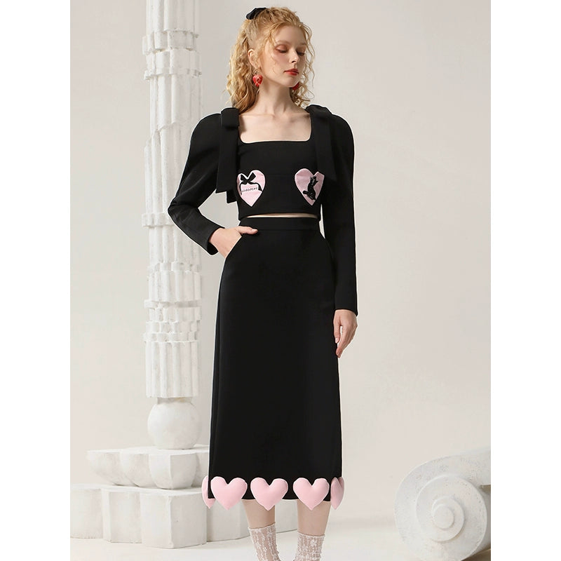 Heart-shaped Design Contrasting Color Shirt & Skirt Setup NA5501