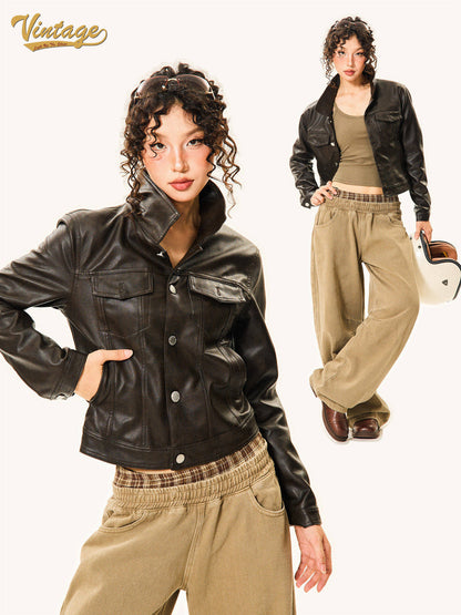 PU Leather Standing-Collar Short Jacket NA9334