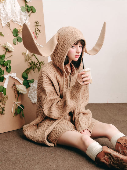 Bunny Hare Ear Hooded Zipper Knit Cardigan & Knit Skirt Setup NA5886