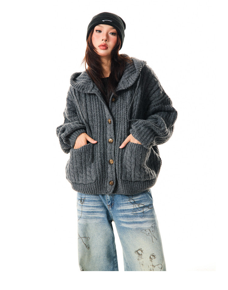 Hooded Button Oversize Cable Knit Cardigan NA9354
