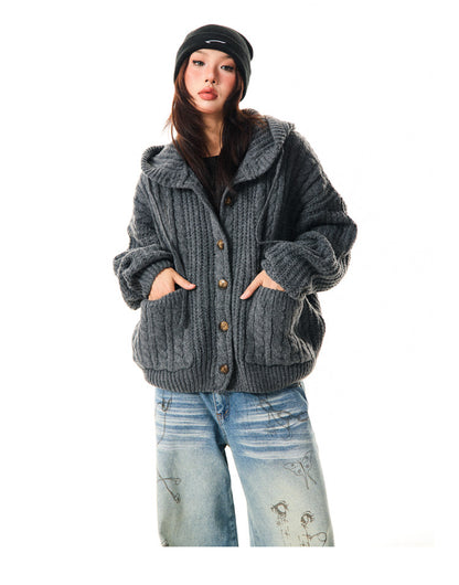 Hooded Button Oversize Cable Knit Cardigan NA9354