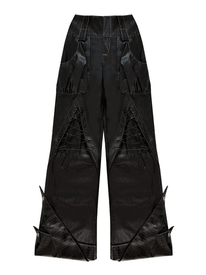 Original Design Lace-Up Double Waistband Structural PU Leather Pants NA8560