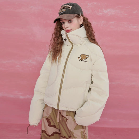 Letter Print High-Neck Short White Duck Down Jacket NA6817