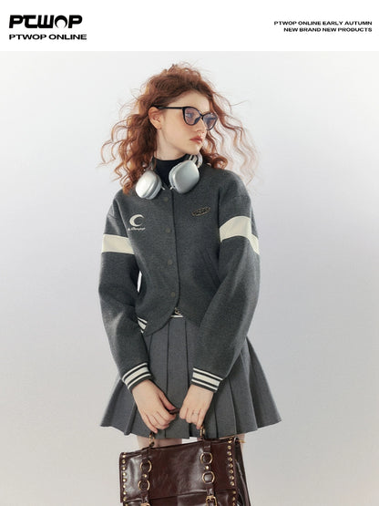 Wool Blend Short Baseball Jacket & Short Pleats Skirt Setup NA5673