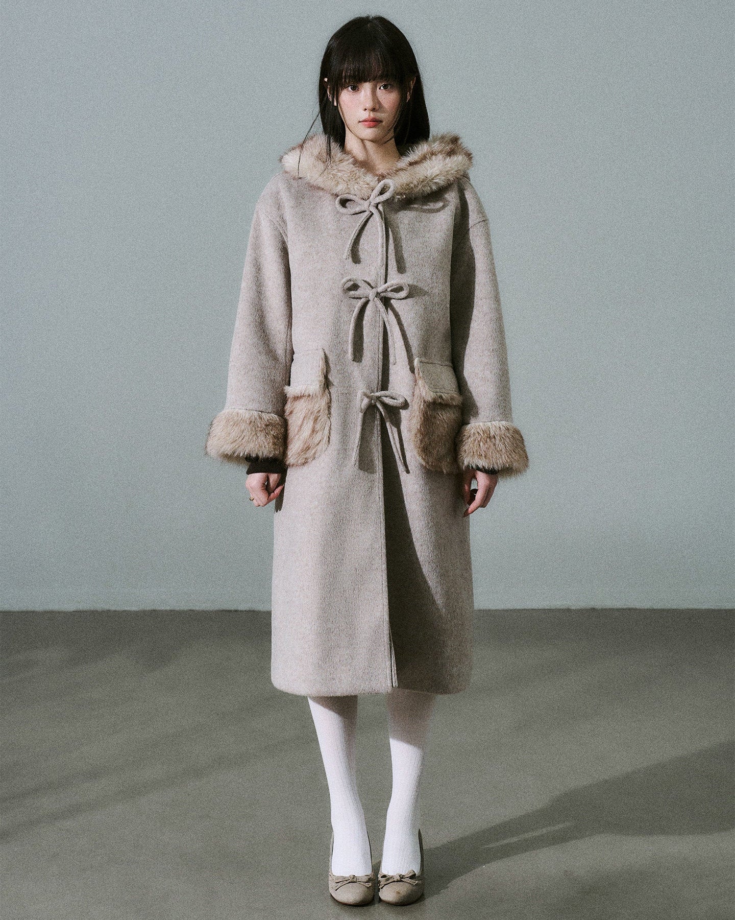 Bow Detail Fake Fur Trim Coat NA8829