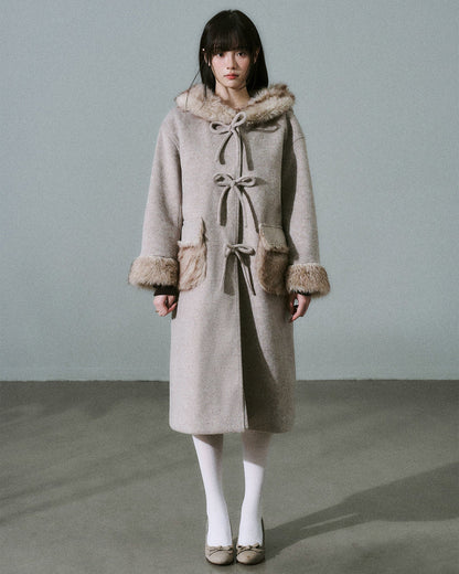 Bow Detail Fake Fur Trim Coat NA8829