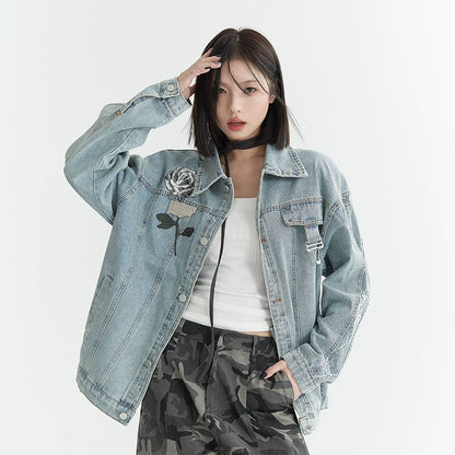 Rose Embroidery Oversize Denim Jacket NA2735