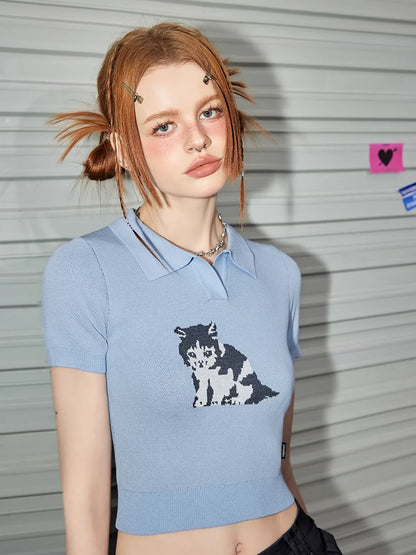 Cat Design Short Sleeve Knit Polo Shirt NA3370