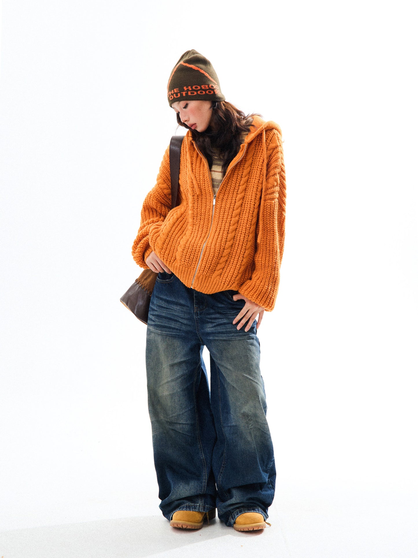 Chunky Knit Zipper Hooded Oversize Cardigan NA9356