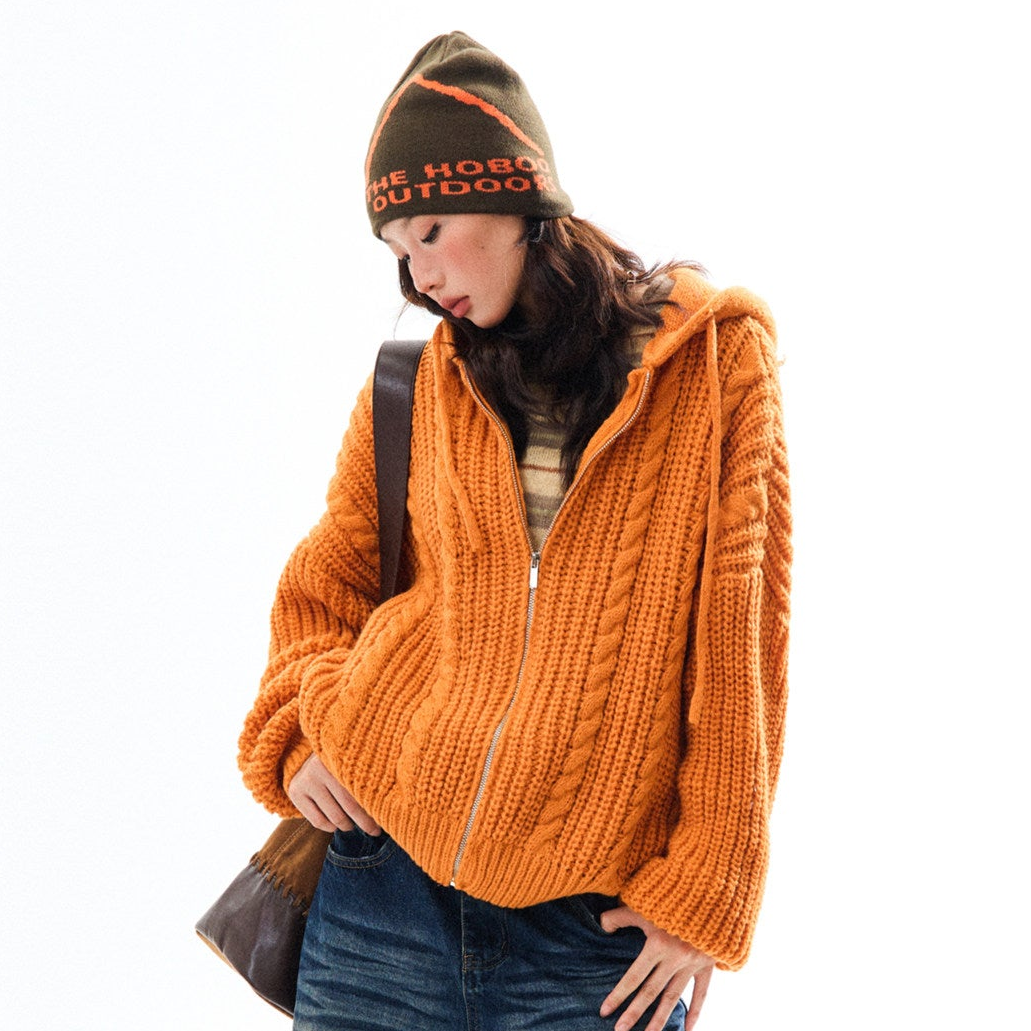 Chunky Knit Zipper Hooded Oversize Cardigan NA9356