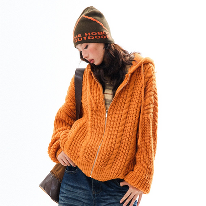 Chunky Knit Zipper Hooded Oversize Cardigan NA9356