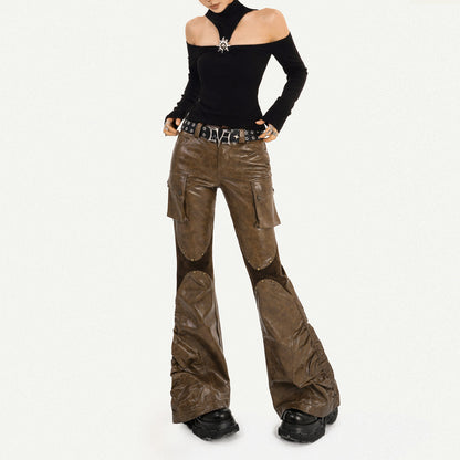 PU Leather Patchwork Fitted Flare Pants NA8581