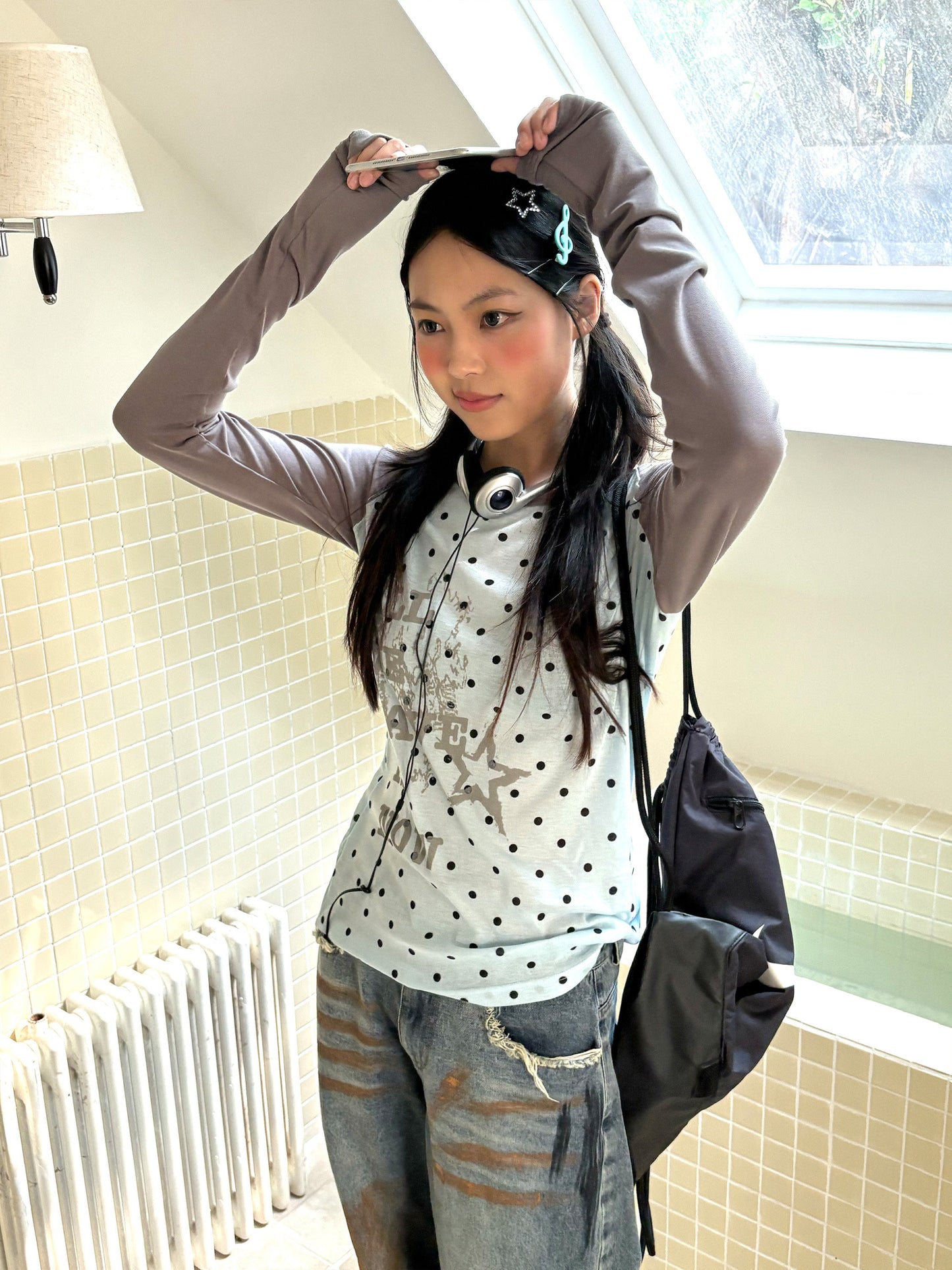 Polka Dot Letter Print Fake Layered Fitted Long Sleeve T-Shirt NA9295