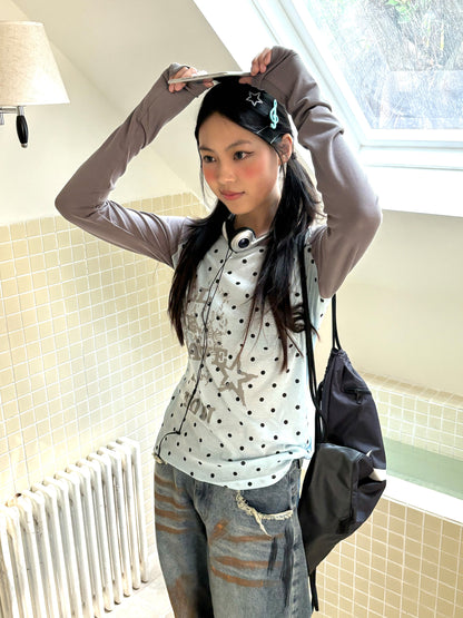 Polka Dot Letter Print Fake Layered Fitted Long Sleeve T-Shirt NA9295