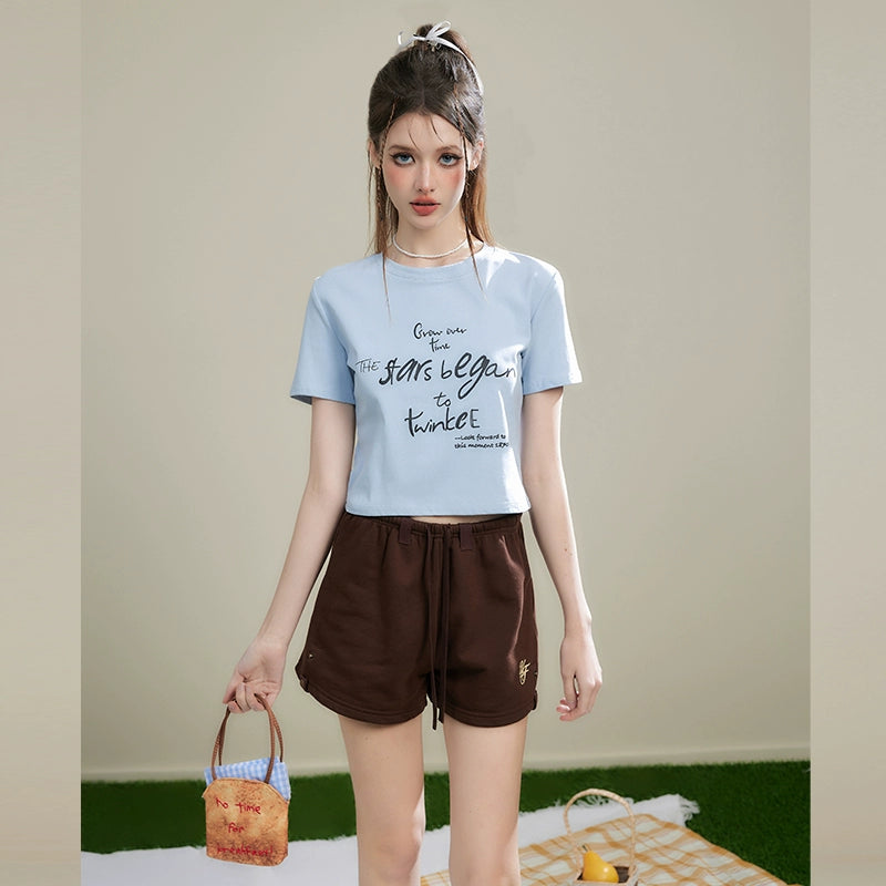 Letter Print Round Neck Short Sleeve T-shirt NA3328