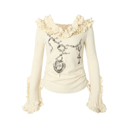 Ruffle Print Flare Sleeve Long Sleeve T-Shirt NA8983