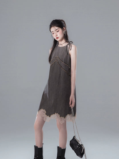 Heavy Duty Embroidery Hanging Neck Lace Denim Dress NA5533