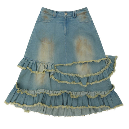 Raw Hem Ruffle Mud-Dye Denim Skirt NA6671