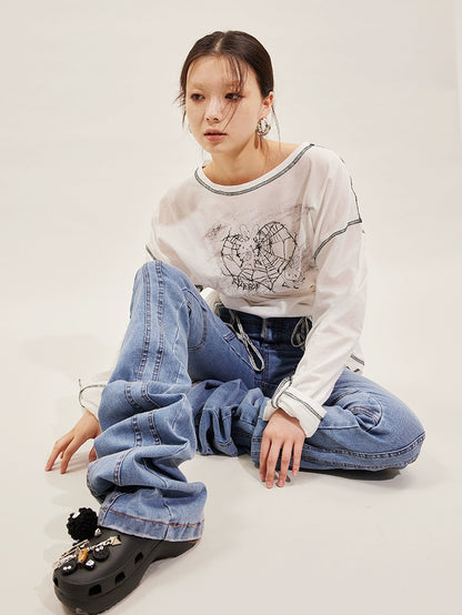 Hand-Drawn Rabbit Print Long Sleeve T-Shirt NA6590