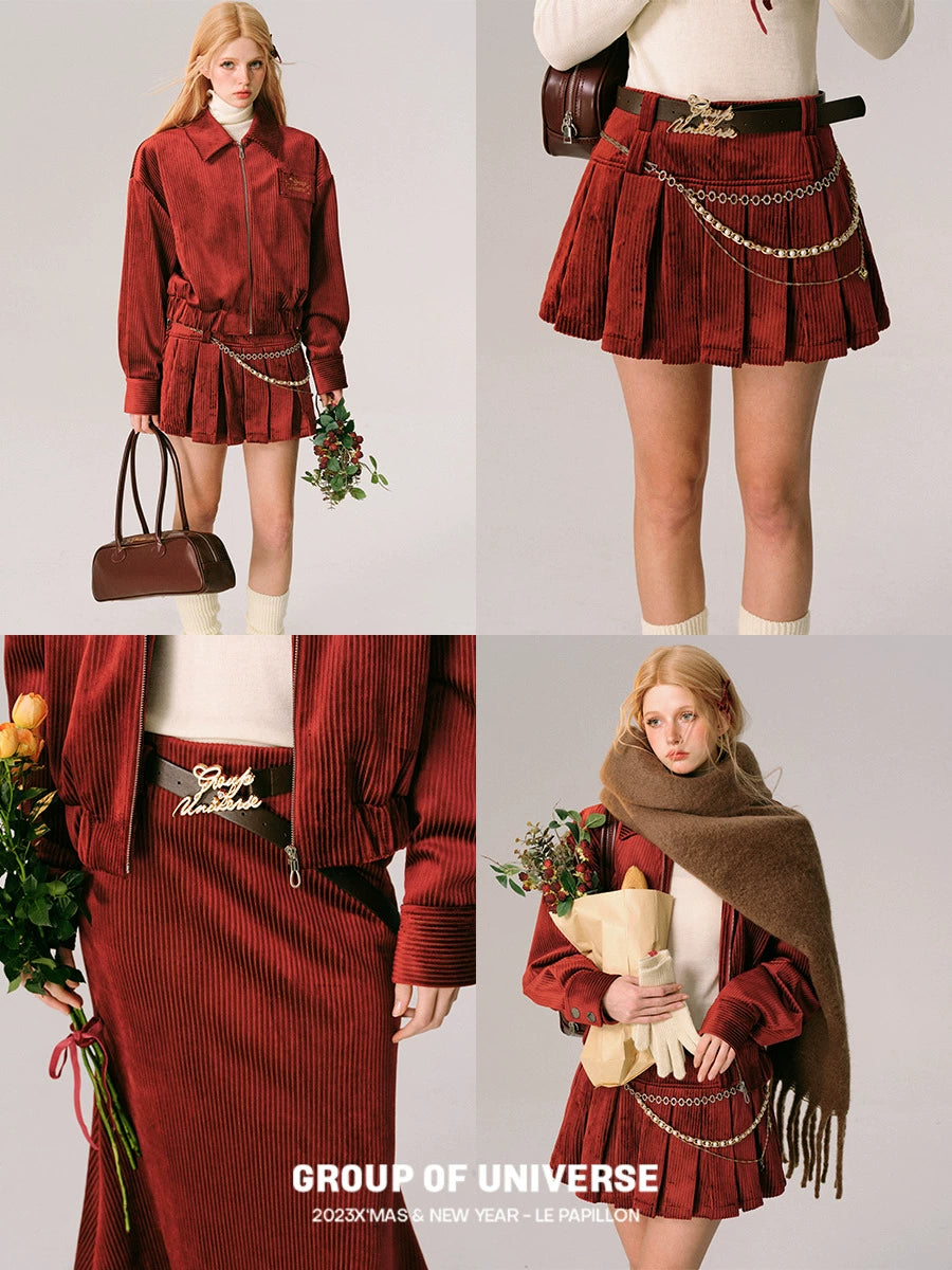 Velvet Zipper Jacket & Pleated Short Skirt & Mermaid Skirt Setup NA5913