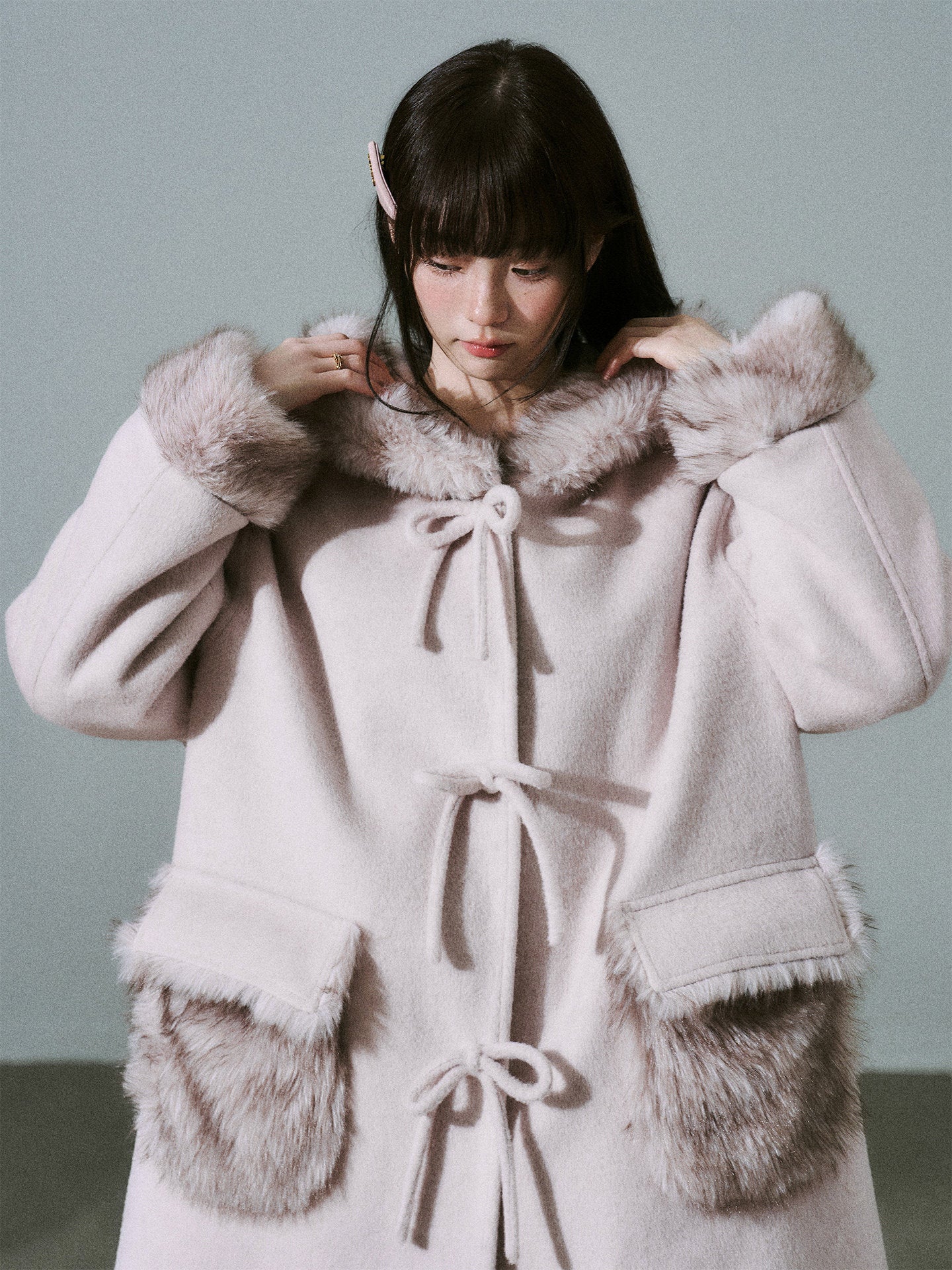 Bow Detail Fake Fur Trim Coat NA8829