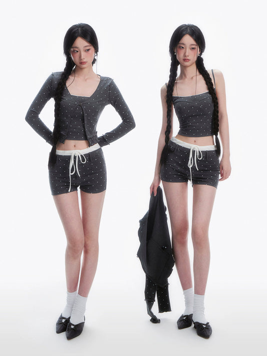Dot Cardigan & Slim Camisole & Contrast Color Shorts Setup NA4362