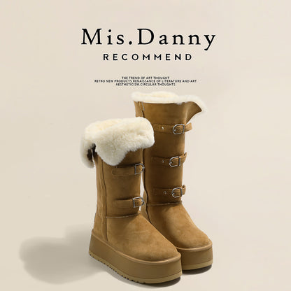 Fur Trim Metal Buckle Platform Knee-High Boots NA8762