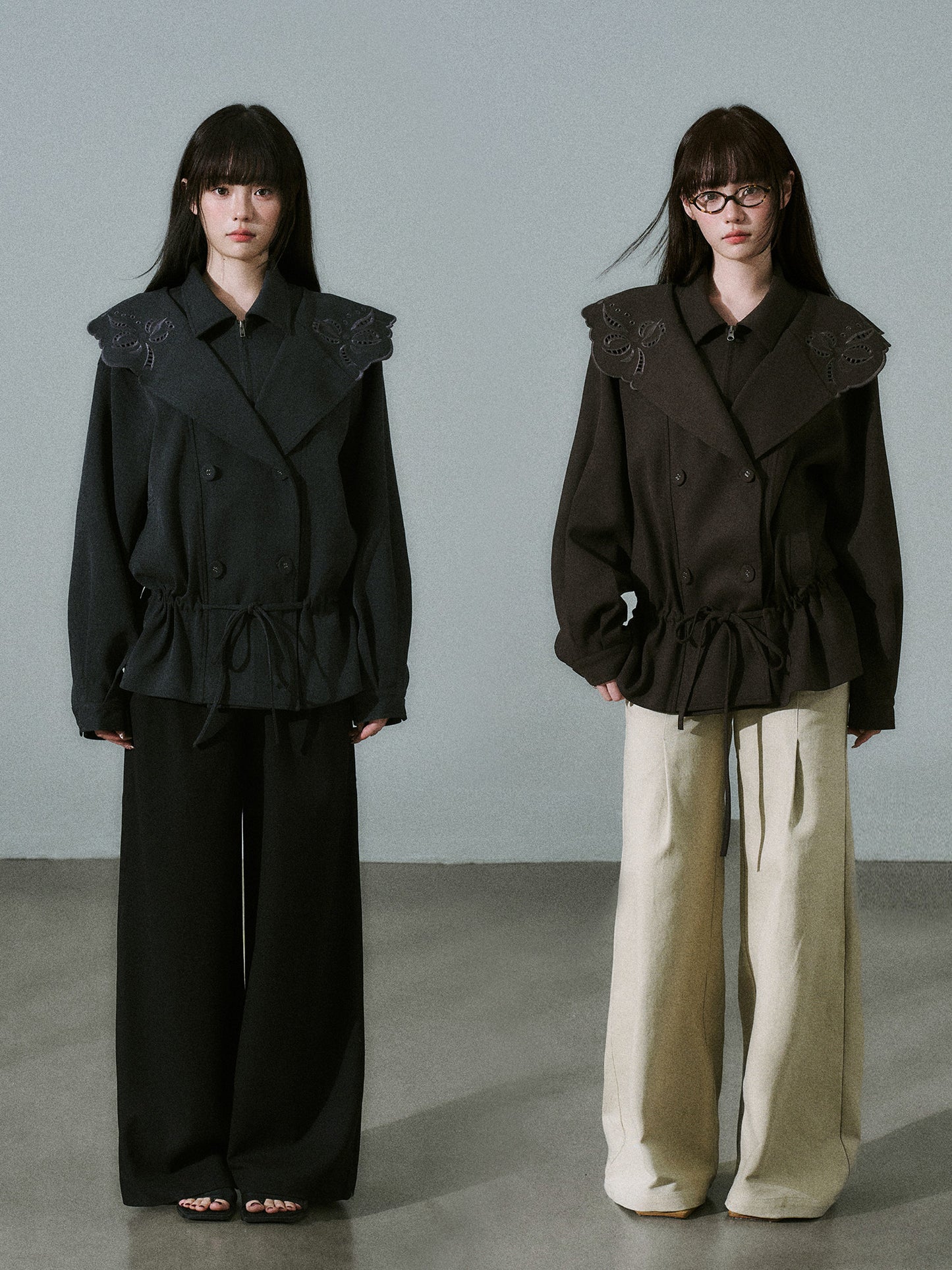 Embroidery Collar Drawstring Waist Double-Breasted Jacket NA8830