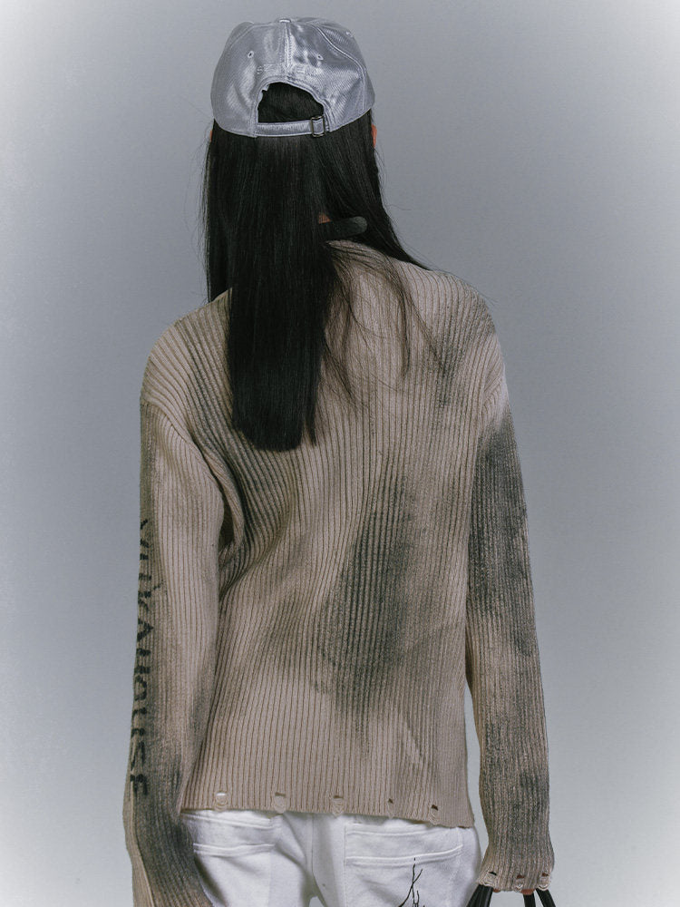 Washed Damage Graffiti Design Oversize Knit Cardigan NA8930