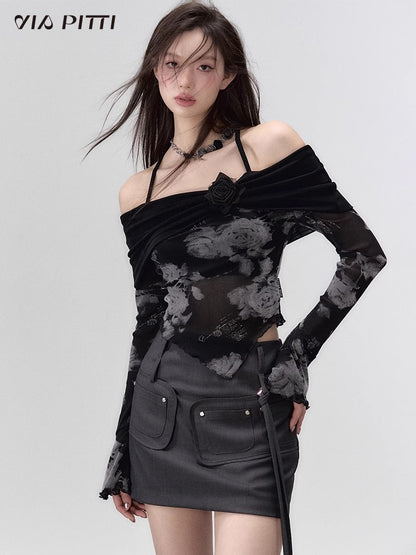 Fake Layered One Shoulder Neck Strap Top NA4723