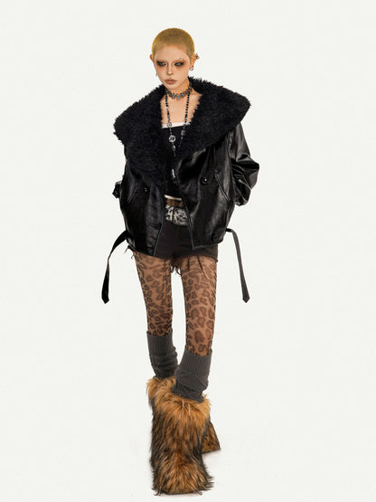 Retro Gothic Large Fake Fur Collar Oversize PU Leather Jacket NA8617