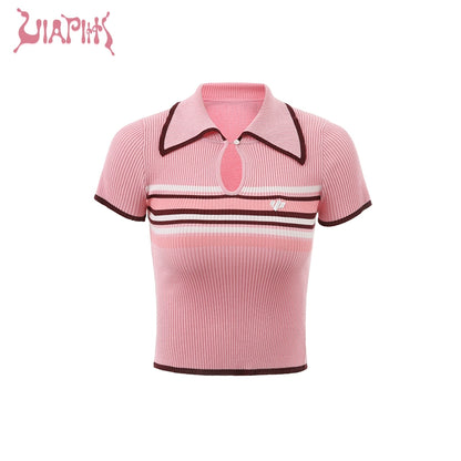 Droplet Neck Striped Short Sleeve Knit Polo Shirt NA4883