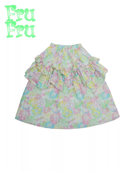 Fruit Print Ruffle Lace A-Line Skirt NA6568