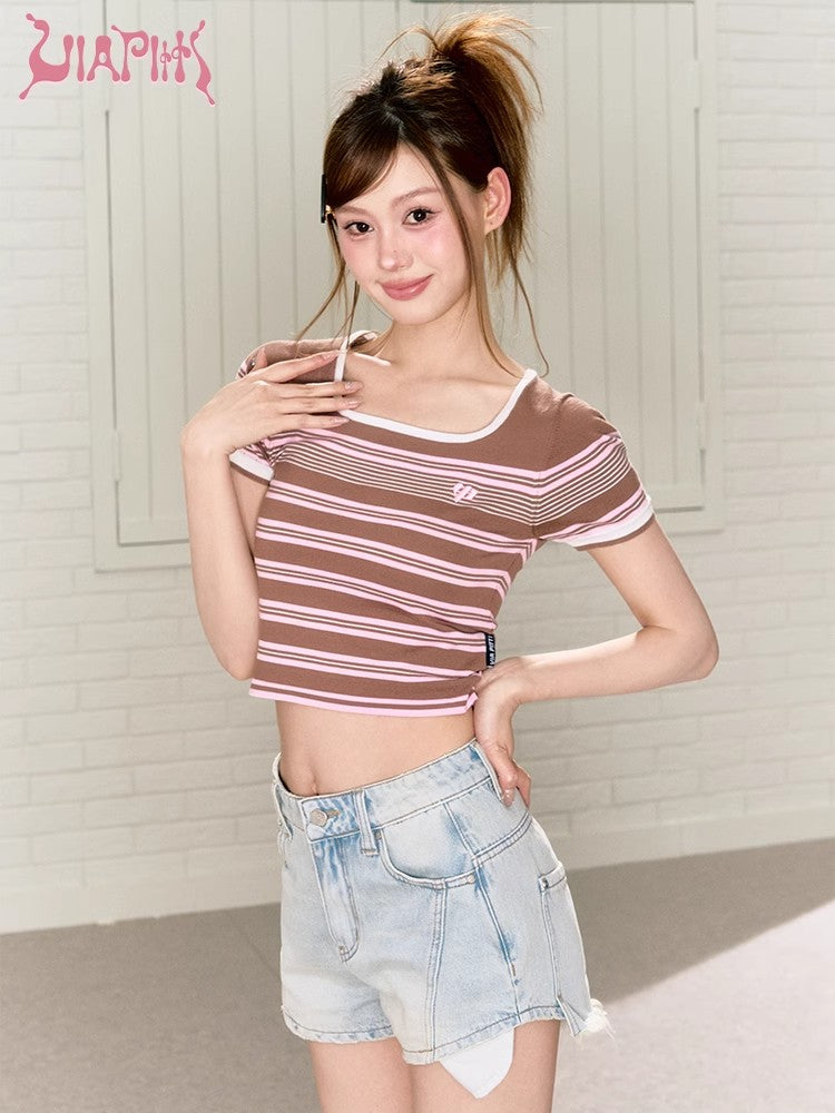 Thin Square Neck Stripe Short Sleeve T-shirt NA4697