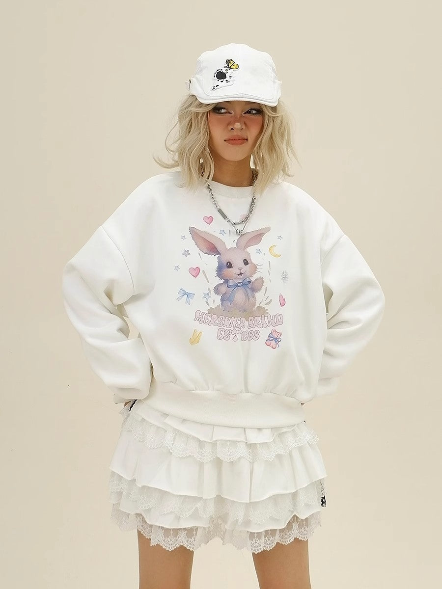 Cartoon Rabbit Print Round Neck Oversize Sweatshirt NA6337