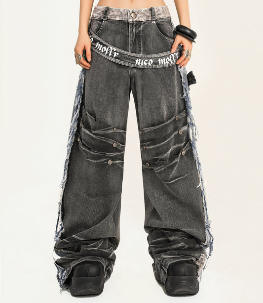 Damage Wash Raw Hem Wide Leg Denim Jeans NA8607