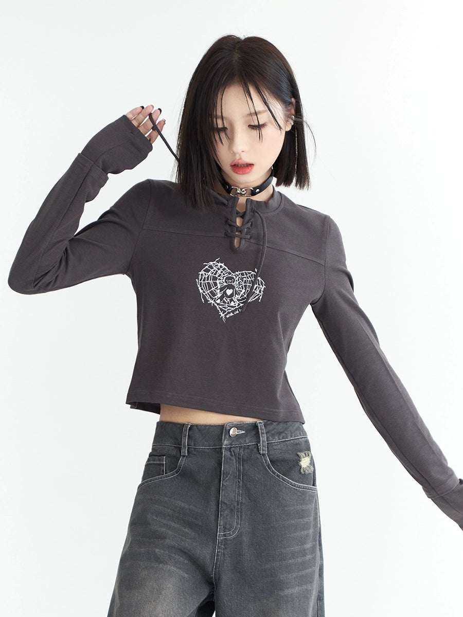 Heart Icon Print Slim Fit Short Long-sleeve Top NA2744