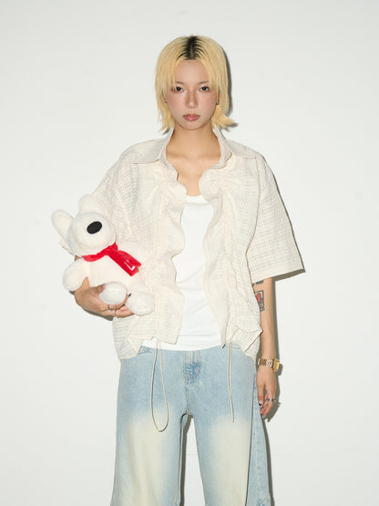 Ruffle Sheer Check Drawstring Hollow Short Sleeve Shirt NA9069