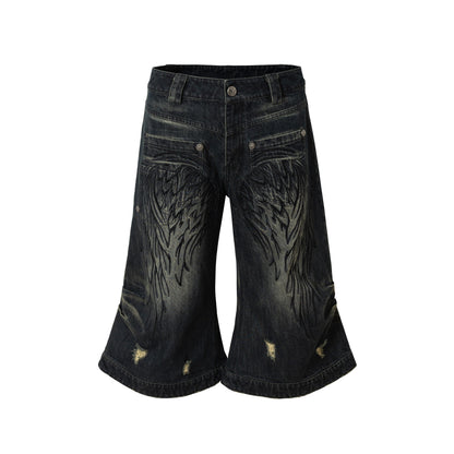 Embroidery Wing Washed Wide Leg Denim Half Jeans NA8970