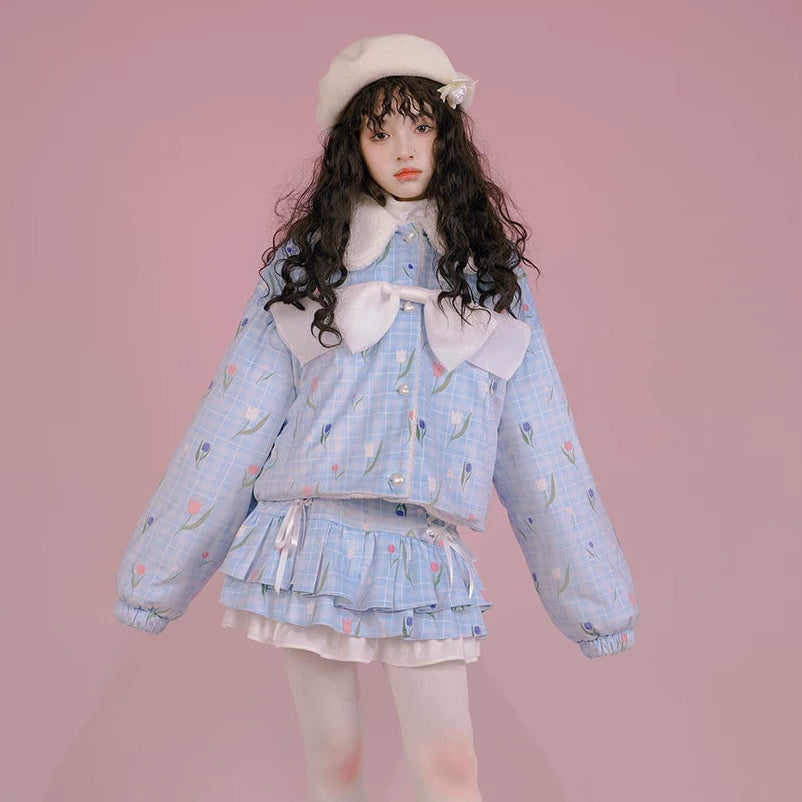 Flower Print Bow Fleece Lining Puffer Jacket NA8271