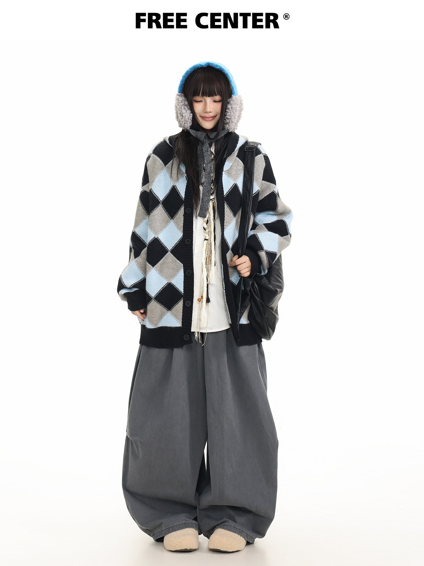 Heavyweight Diamond Pattern Oversize Hooded Knit Cardigan & Knit Sweater NA8871