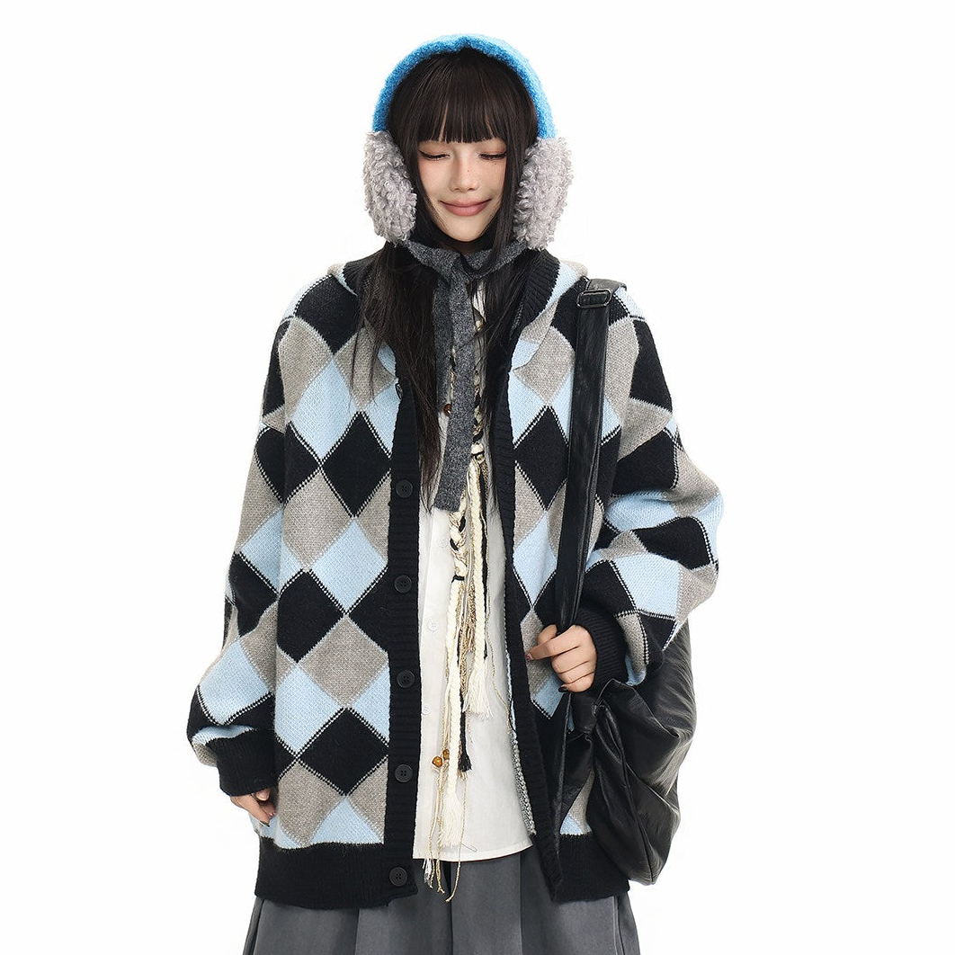 Heavyweight Diamond Pattern Oversize Hooded Knit Cardigan & Knit Sweater NA8871