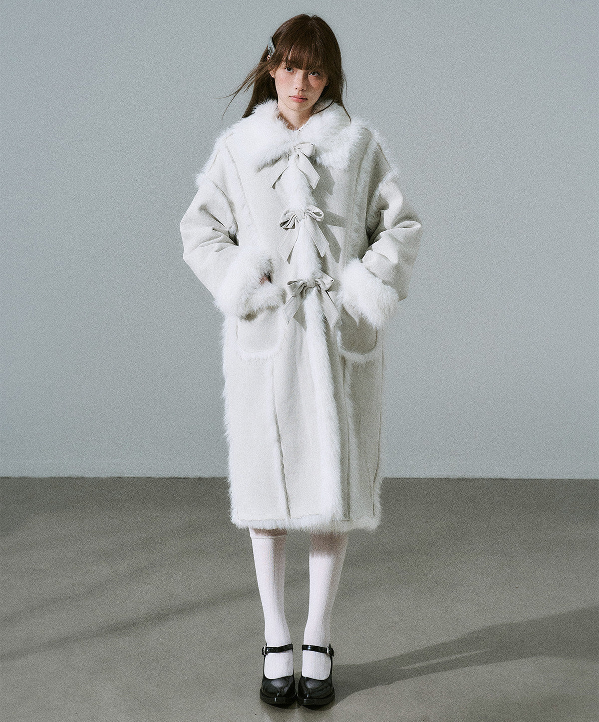 Bow Detail Fake Fur Trimmed Coat NA8825