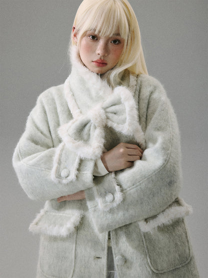 Cherry Blossom Tweed Water Ripple Bow Detachable Scarf Coat NA8818