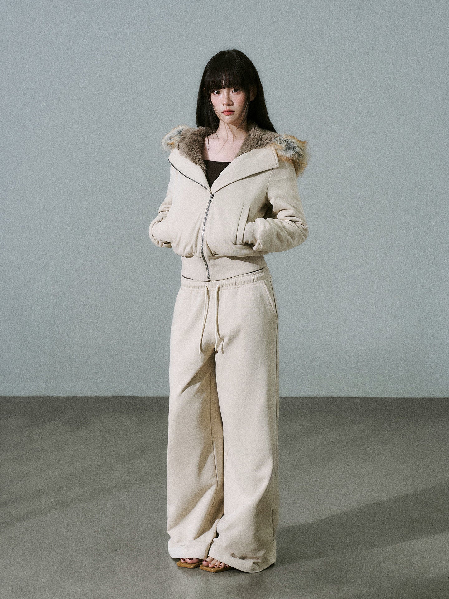 Fake Fur Hooded Zip-Up Jacket & Seatpants Setup NA8846