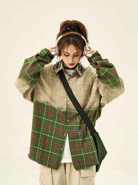 Oversize Damage Checkered Long Sleeve Shirt NA2932