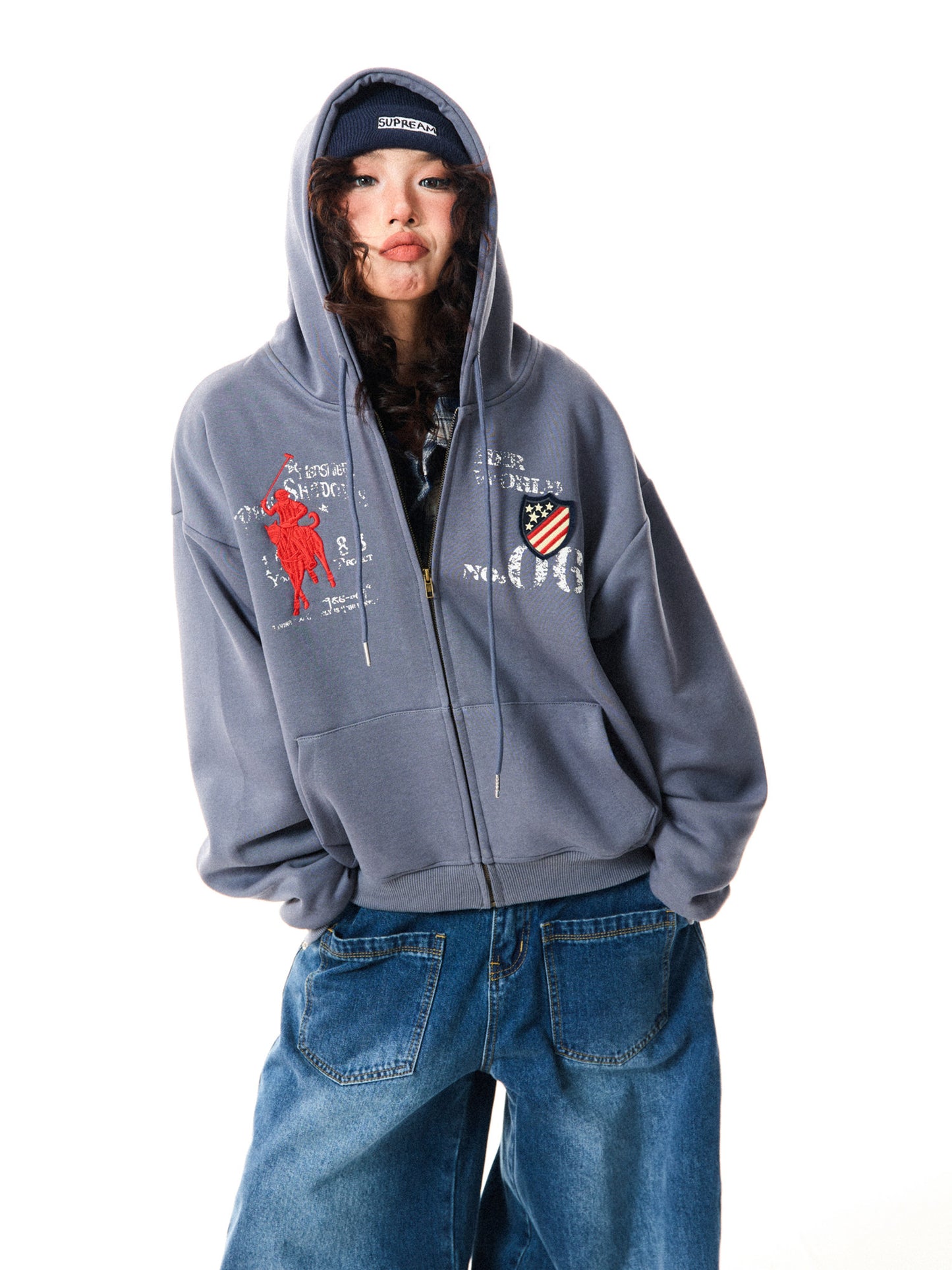Letter Embroidery Washed Zipper Hoodie WN9345