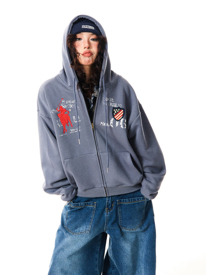 Letter Embroidery Washed Zipper Hoodie WN9345