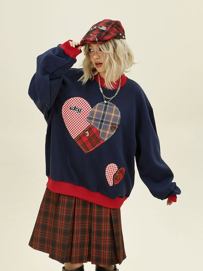 Plaid Heart Design Round Neck Sweatshirt NA6361