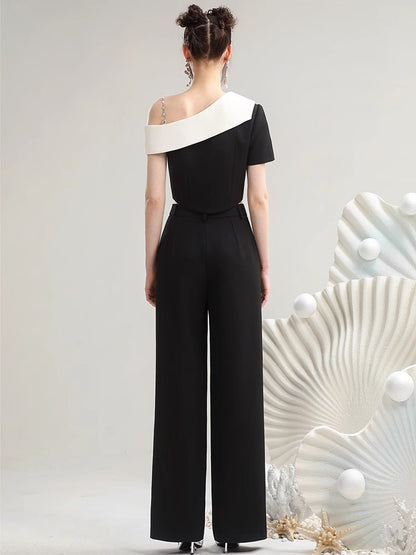 Contrast Color Collar Slanted Shoulder Shirt & Wide-Leg Trousers NA5466